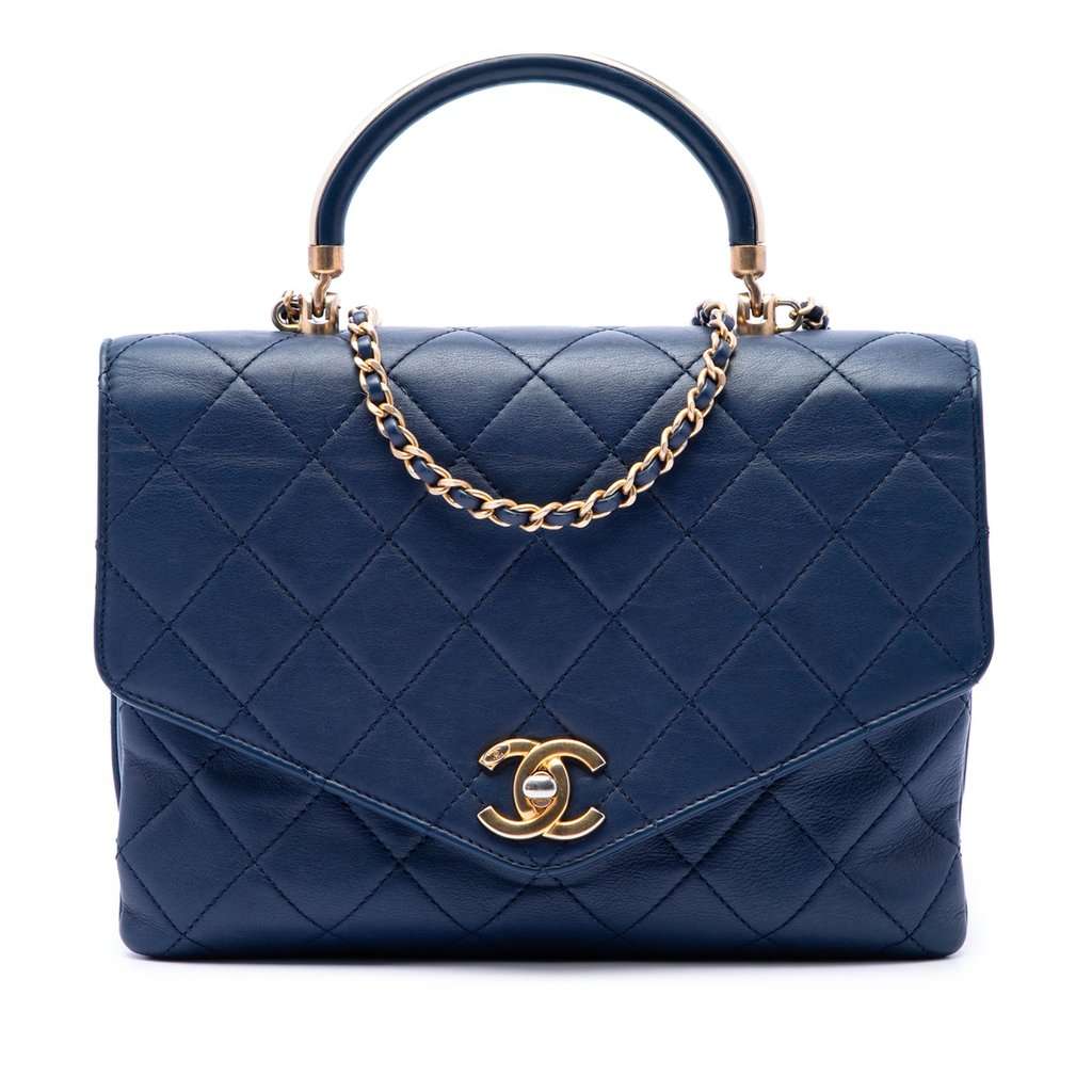 Chanel CC Quilted Calfskin Metal Top Handle Envelope Flap Blue Leather Very good condition - Front View