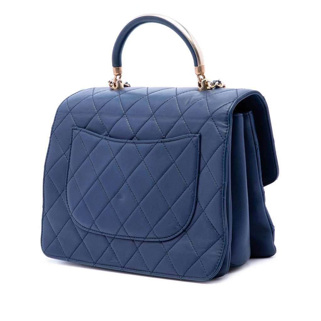 Chanel CC Quilted Calfskin Metal Top Handle Envelope Flap Blue Leather Very good condition - Back View