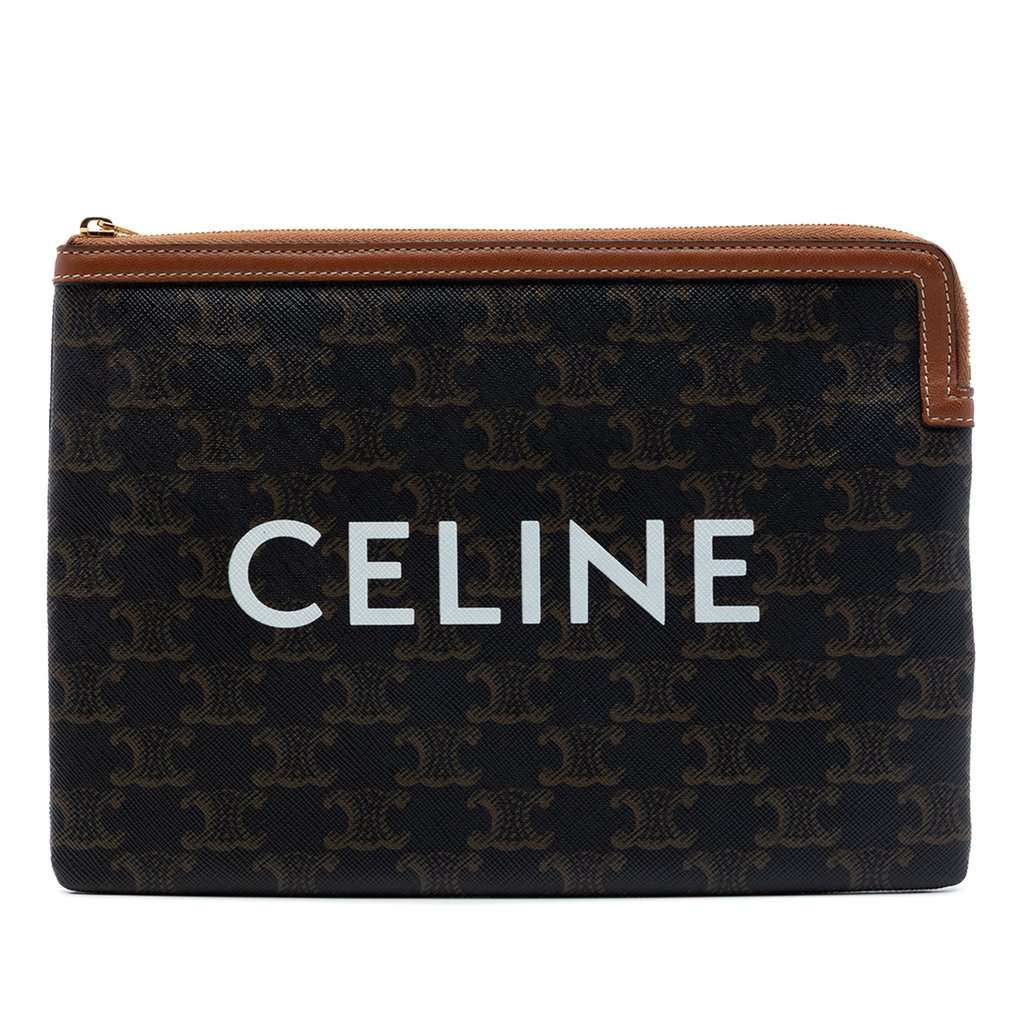 Celine Small Triomphe Coated Canvas Clutch Brown Very good condition - Front View