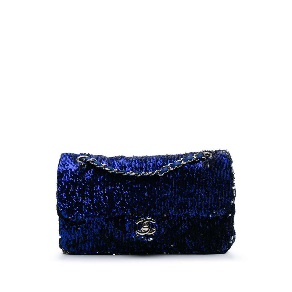 Chanel Medium Classic Sequin Single Flap Blue Very good condition - Front View