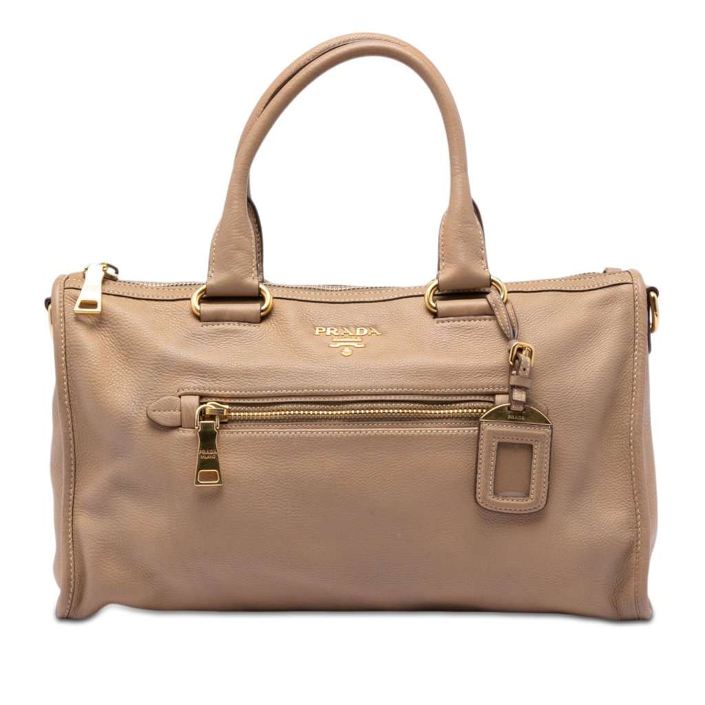 Prada Vitello Daino Zip Top Satchel Brown Leather Very good - Front View