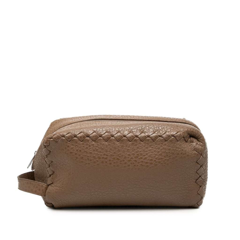 Bottega Veneta Intrecciato Trimmed Cervo Toiletry Pouch Brown Leather Very good condition - Front View