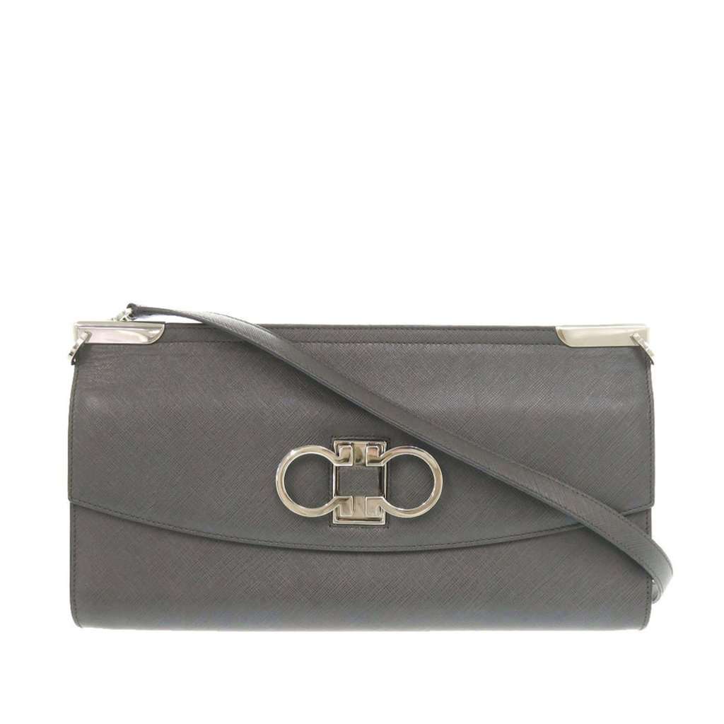 Salvatore Ferragamo Leather Double Gancini Shoulder Bag Grey Leather Very good condition - Front View