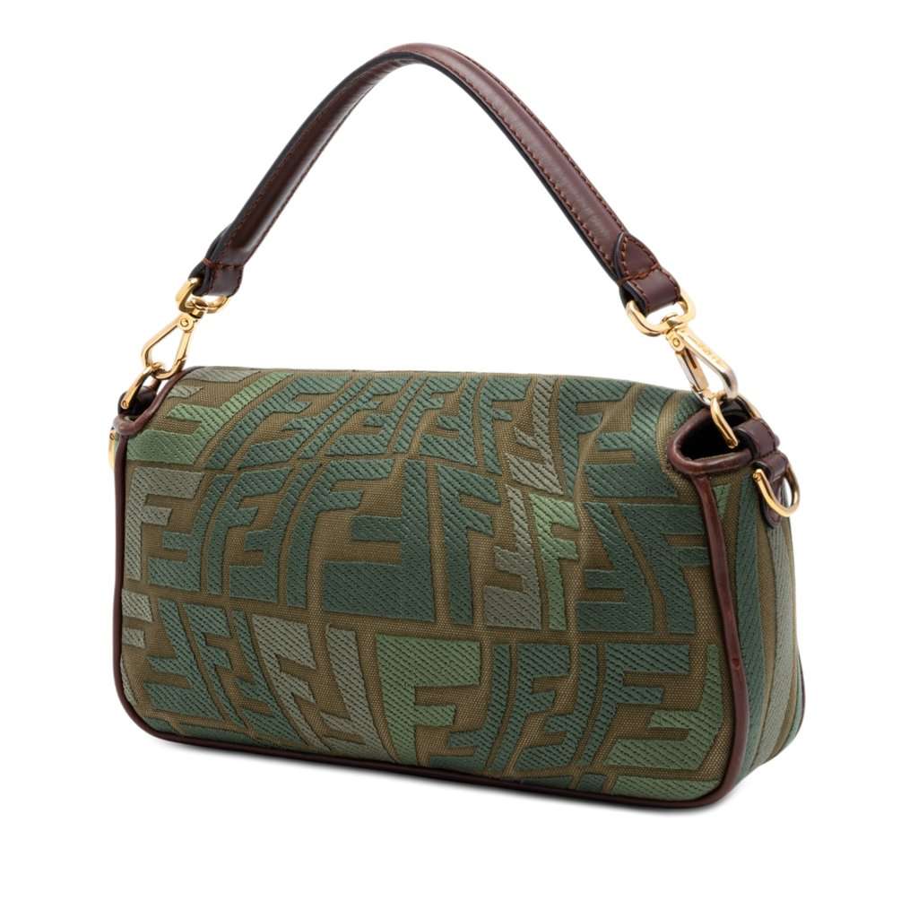Fendi Sarah Coleman FF Canvas Fish Eye Embroidered Baguette Satchel Green Very good condition - Back View