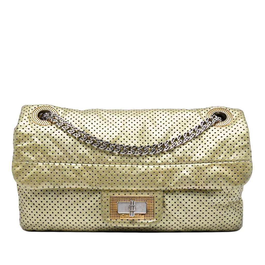 Chanel Metallic Perforated Calfskin Reissue 2.55 Drill Flap Gold Leather Very good condition - Front View