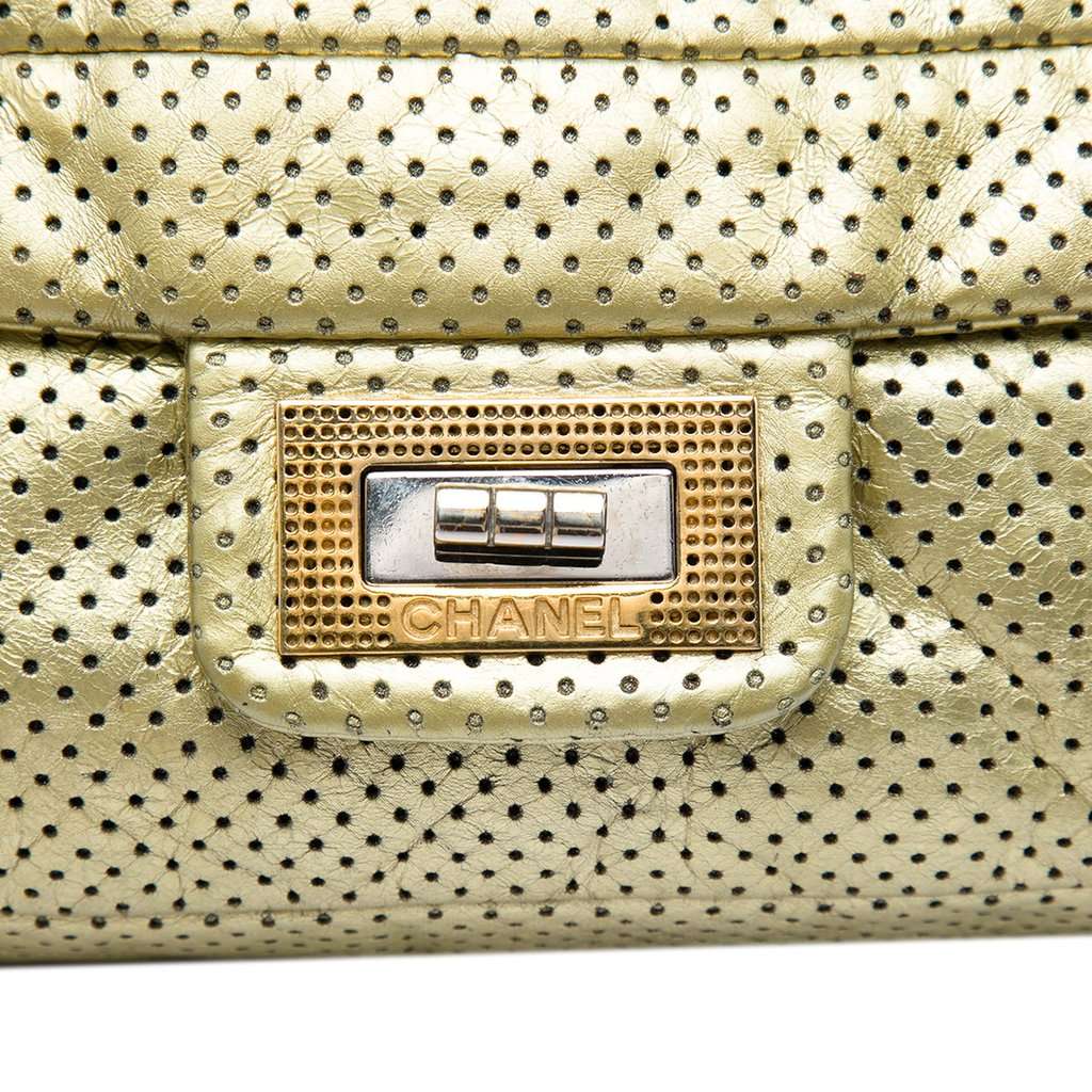 Chanel Metallic Perforated Calfskin Reissue 2.55 Drill Flap Gold Leather Very good condition - Box View