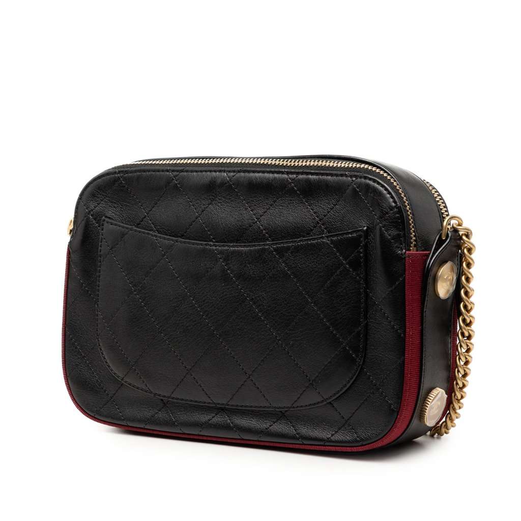 Chanel Calfskin Grosgrain Stitched Button Up Camera Case Black Leather Very good condition - Back View