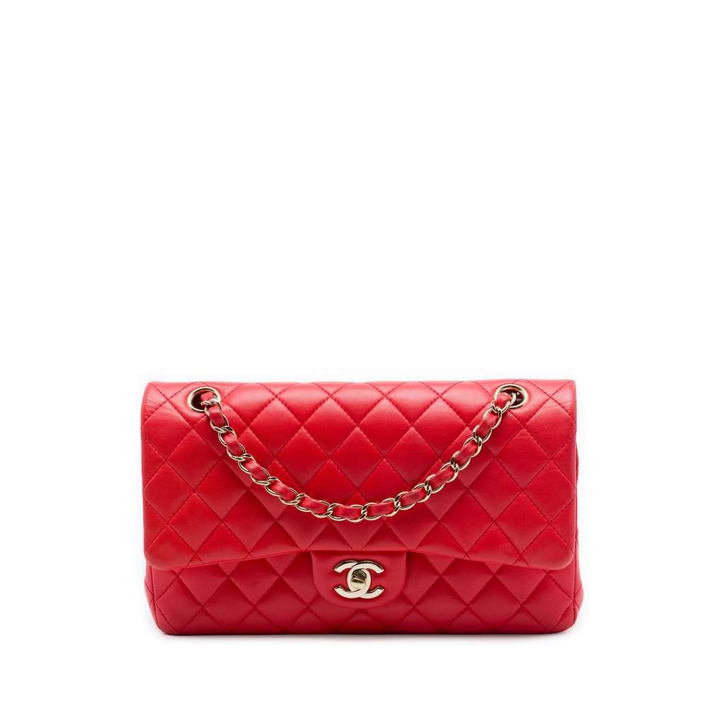 Chanel Medium Classic Lambskin Double Flap Red Leather Very good condition - Front View