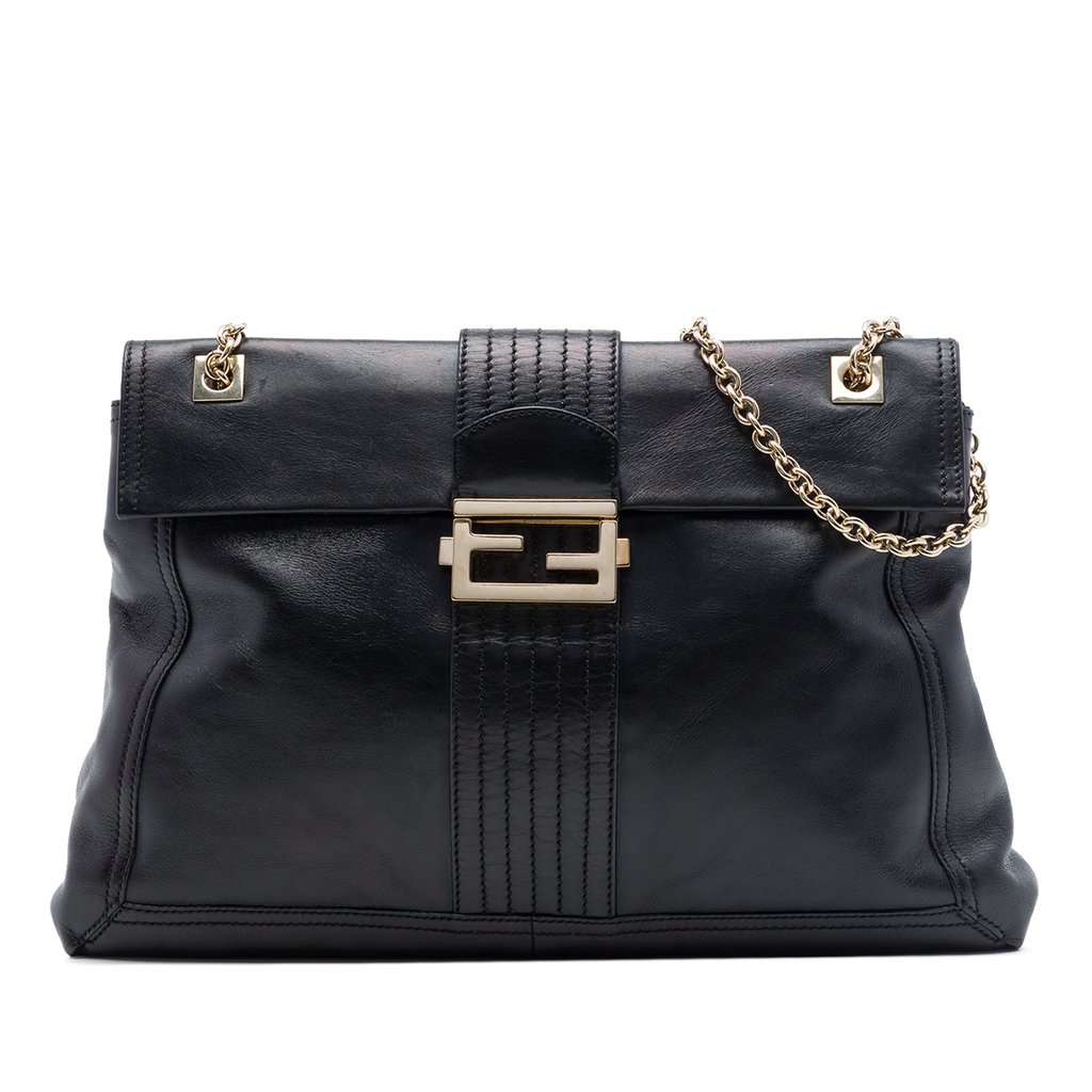 Fendi Leather Maxi Baguette Flap Bag Black Leather Very good - Front View