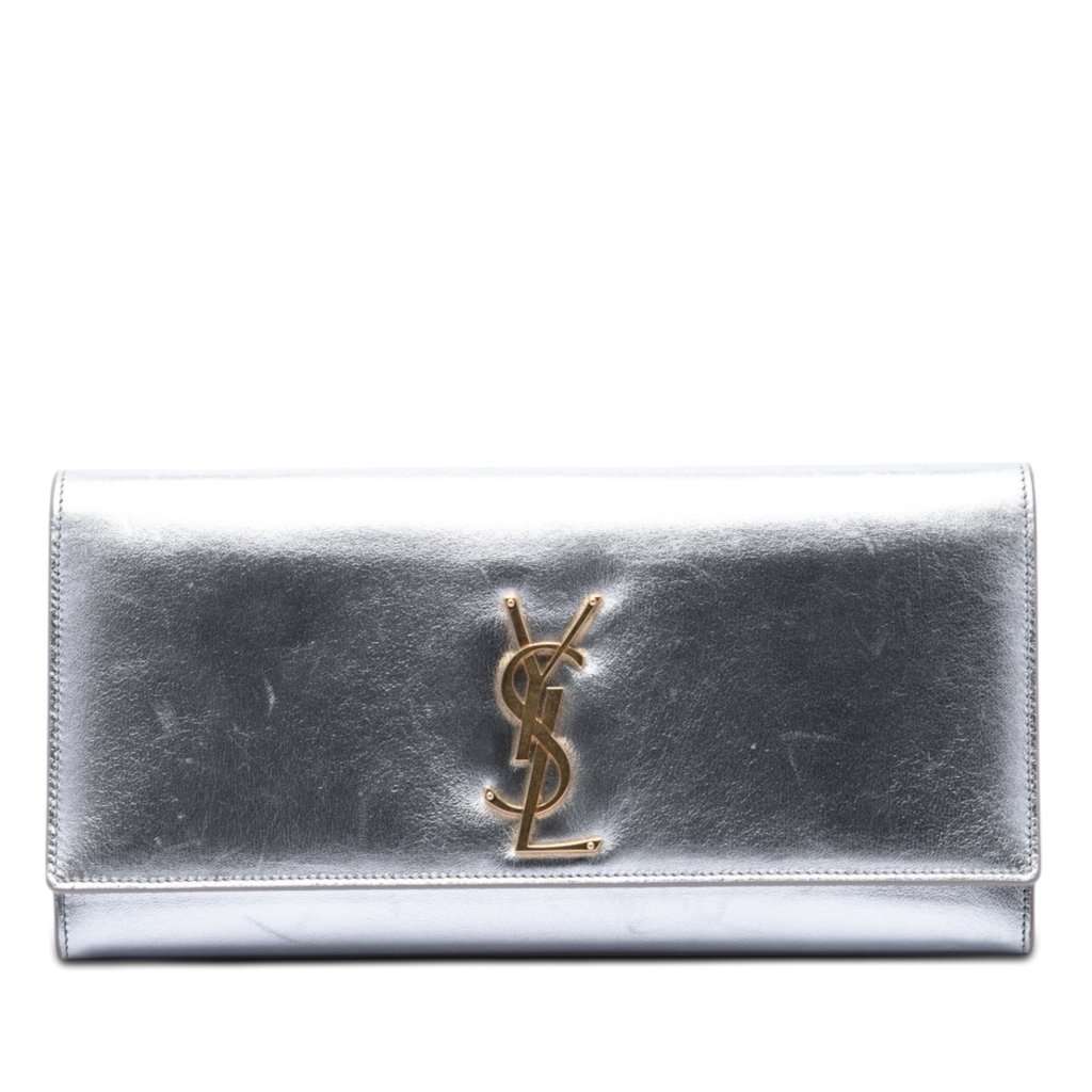 Saint Laurent Smooth Metallic Calfskin Monogram Cassandre Clutch Silver Leather Very good - Front View