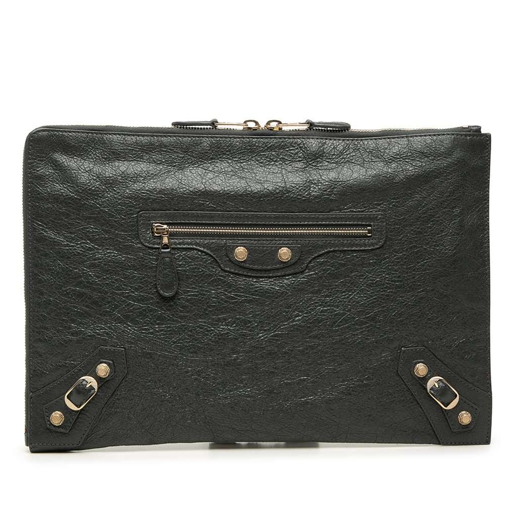 Balenciaga Lambskin Motocross Giant 12 Zip Around Flat Clutch Black Leather Very good - Front View
