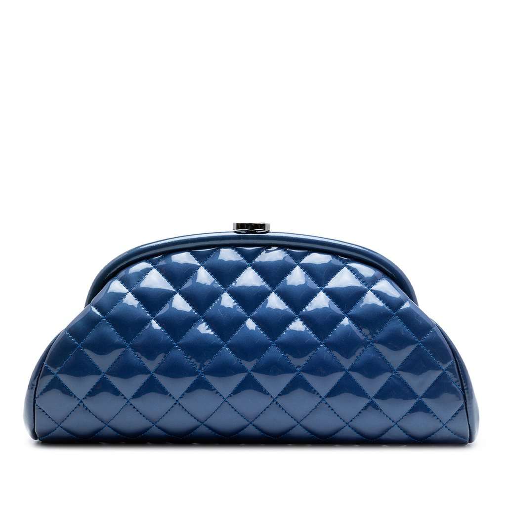 Chanel Quilted Patent Timeless Kiss Lock Clutch Blue Leather Very good condition - Front View