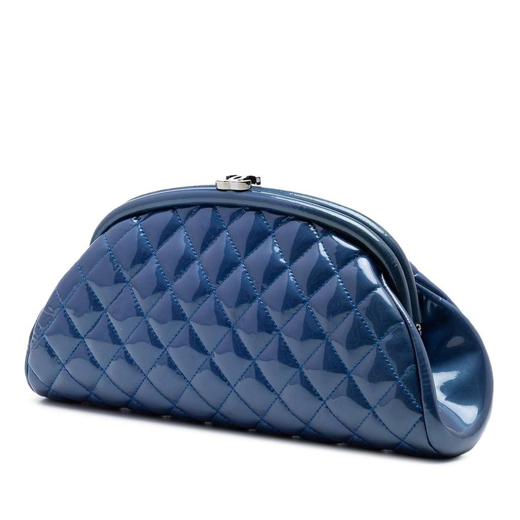 Chanel Quilted Patent Timeless Kiss Lock Clutch Blue Leather Very good condition - Back View