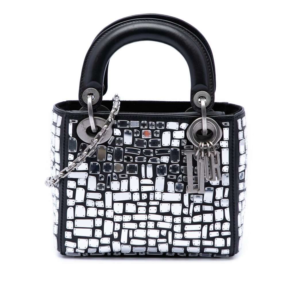 Dior Mini Smooth Calfskin Embroidered Mosaic of Mirrors Lady Dior Black Leather Very good condition - Front View