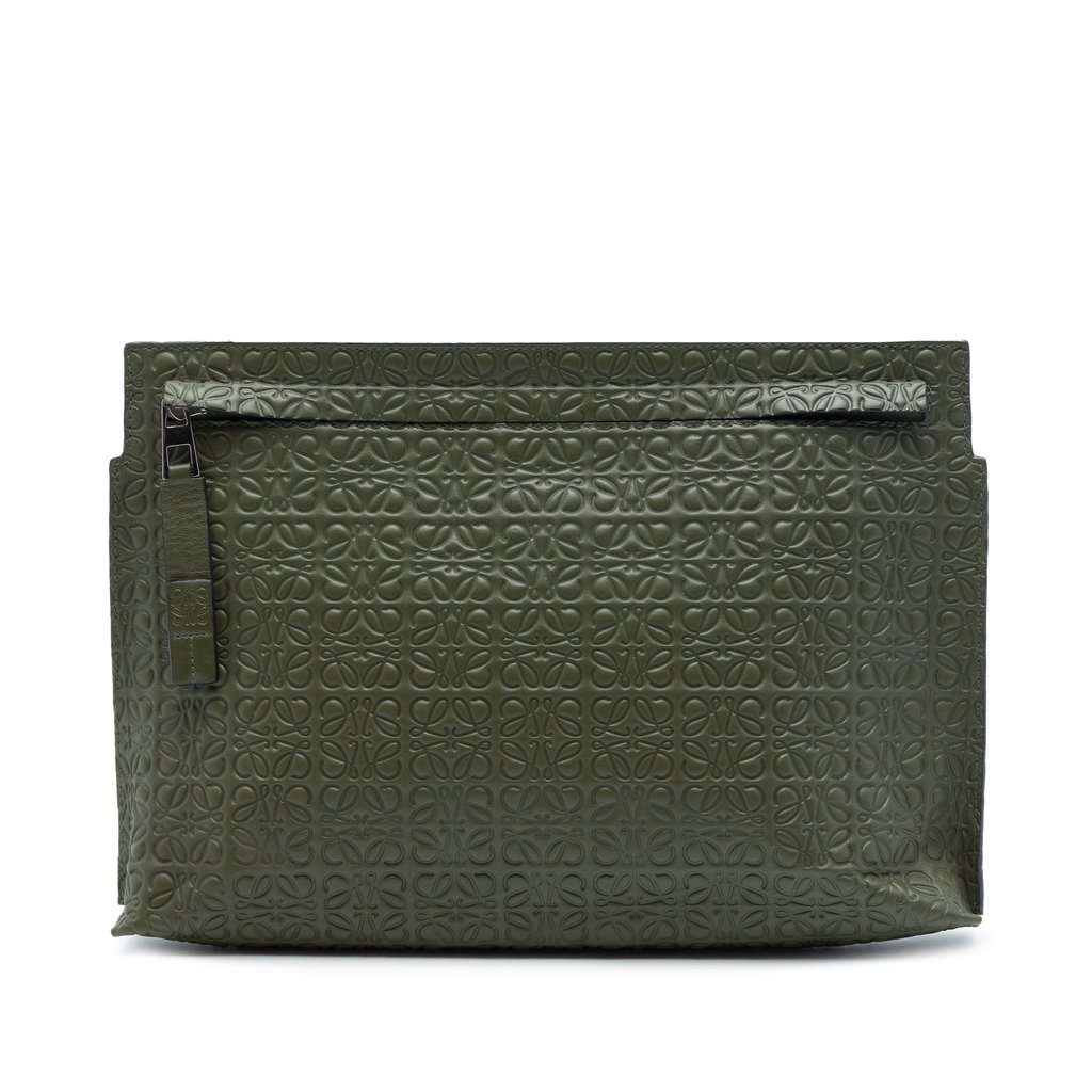 LOEWE Embossed Leather Anagram Repeat T Pouch Green Leather Very good - Front View