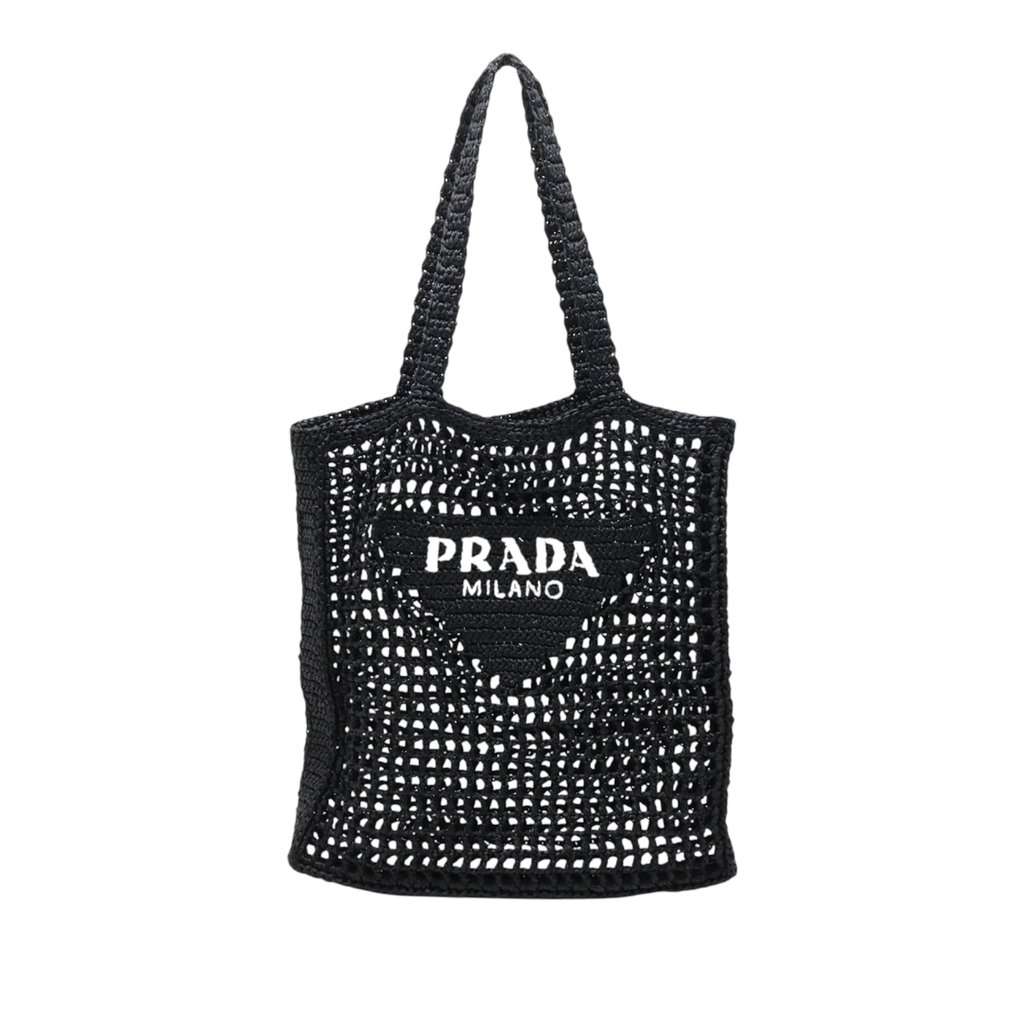 Prada Raffia Effect Crochet Embroidered Logo Tote Black Very good condition - Front View