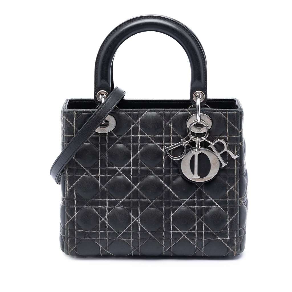 Dior Medium Lambskin Cannage Contrast Stitch Lady Dior Black Leather Very good condition - Front View