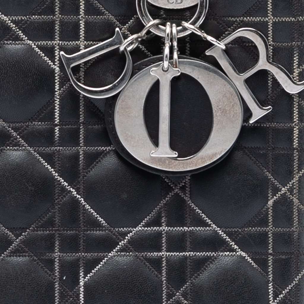 Dior Medium Lambskin Cannage Contrast Stitch Lady Dior Black Leather Very good condition - Box View