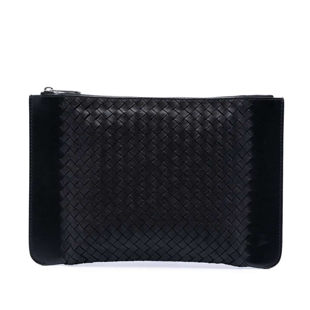 Bottega Veneta Intrecciato Trimmed Leather Clutch Black Leather Very good condition - Front View