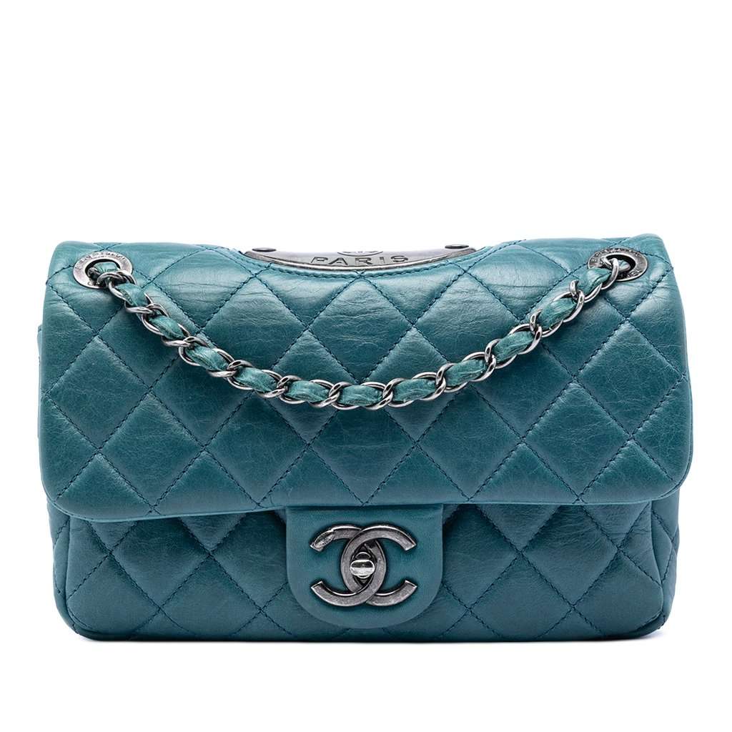 Chanel Quilted Calfskin Plaque Double Flap Blue Leather Very good condition - Front View