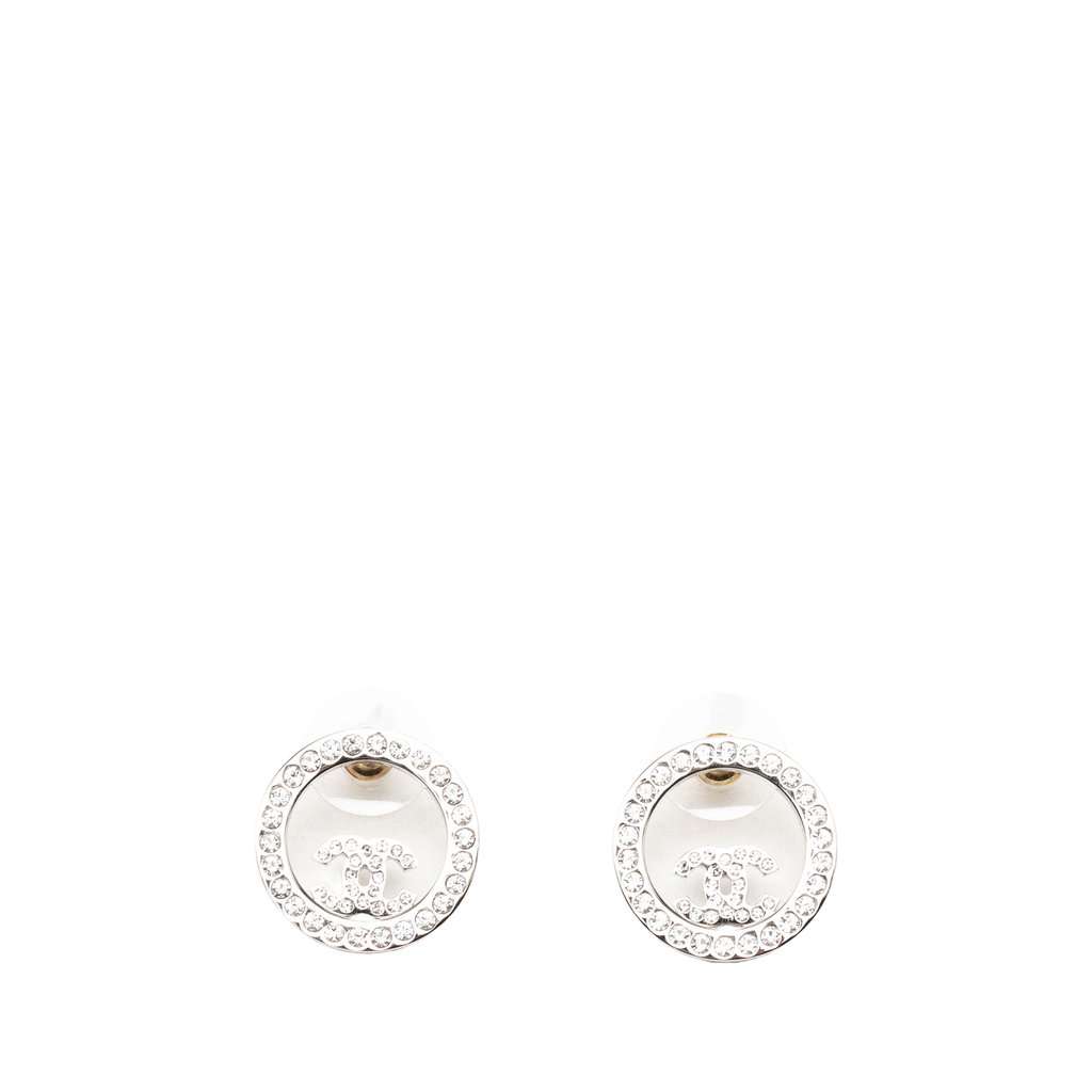 Chanel CC Brass Strass Push Back Earrings Silver Metal Very good - Front View