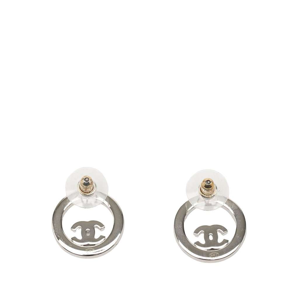 Chanel CC Brass Strass Push Back Earrings Silver Metal Very good - Back View