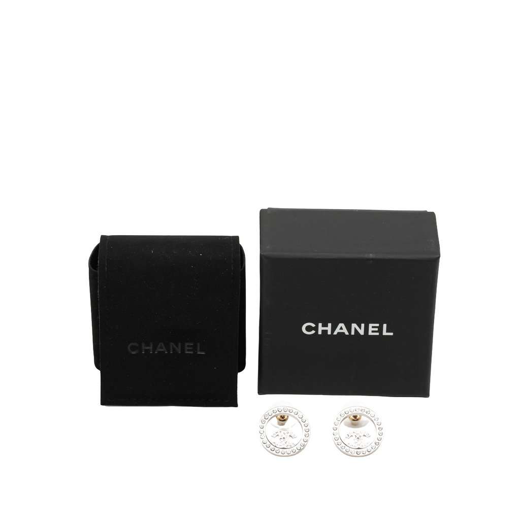 Chanel CC Brass Strass Push Back Earrings Silver Metal Very good - Model View