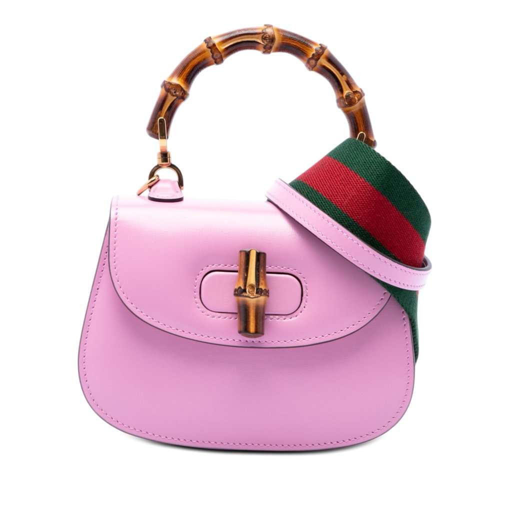 Gucci Mini Calfskin Web 1947 Bamboo Top Handle Bag Pink Leather Very good condition - Front View