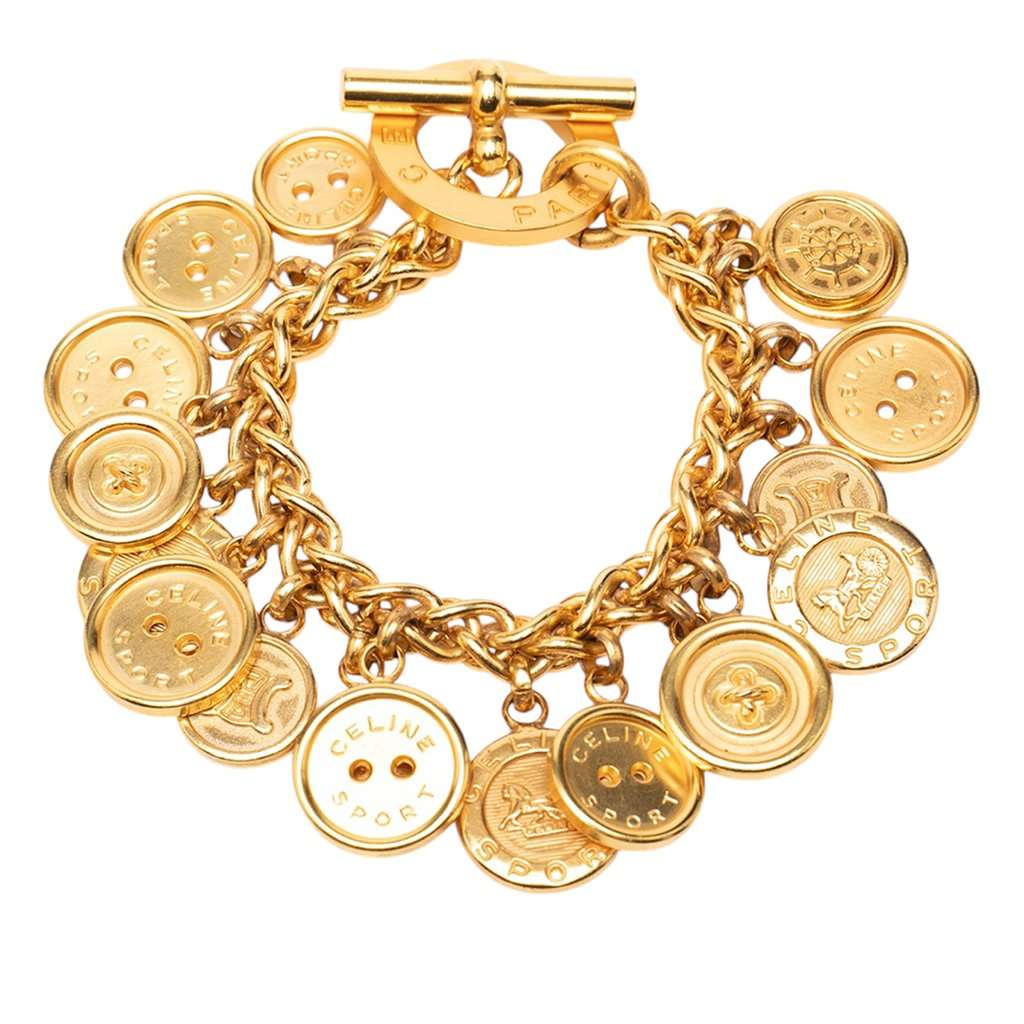 Celine Gold Plated Sport Button Medallion Charm Bracelet Gold Metal Very good - Front View