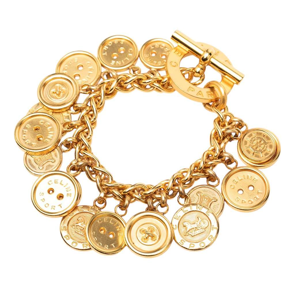 Celine Gold Plated Sport Button Medallion Charm Bracelet Gold Metal Very good - Back View