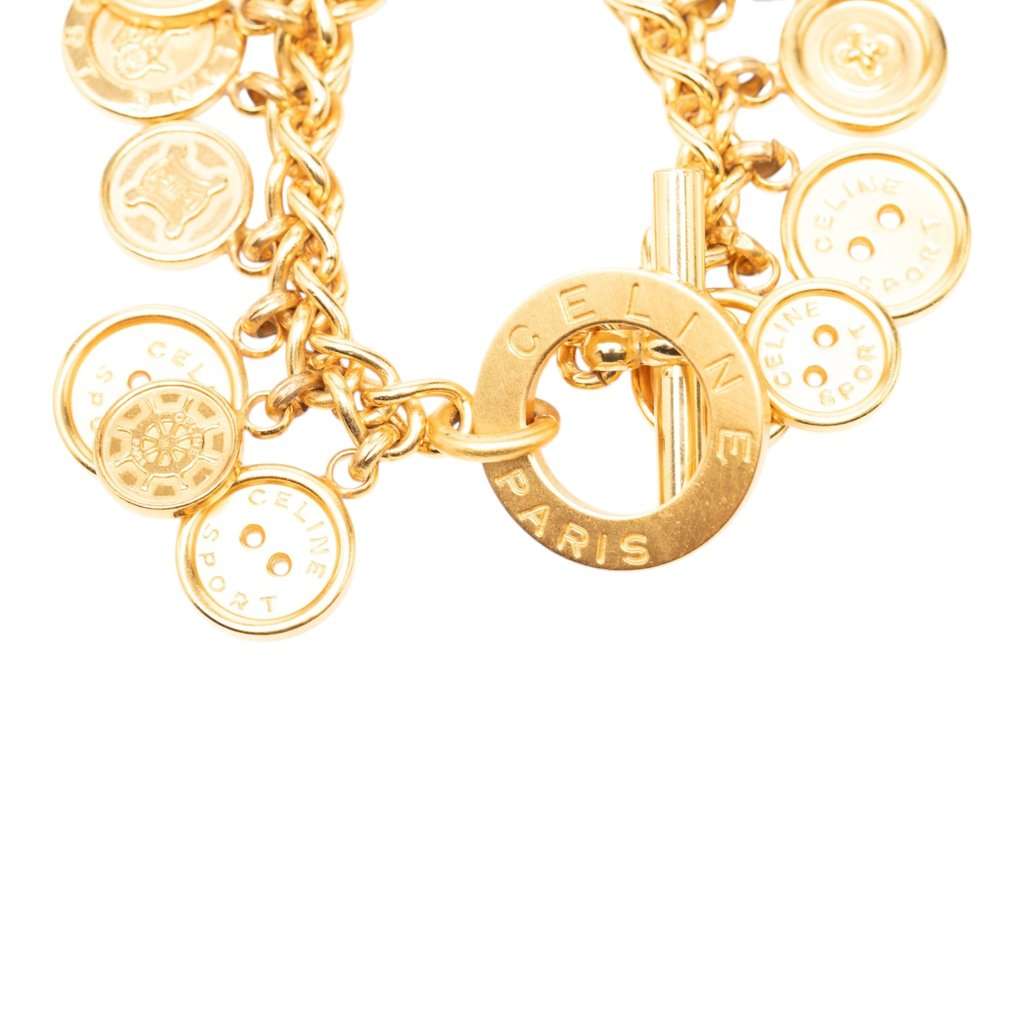 Celine Gold Plated Sport Button Medallion Charm Bracelet Gold Metal Very good - Model View