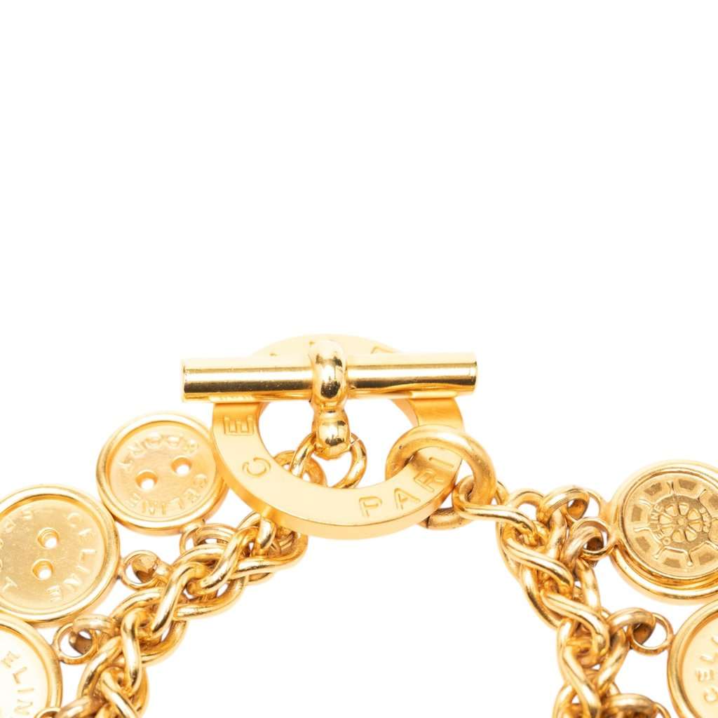 Celine Gold Plated Sport Button Medallion Charm Bracelet Gold Metal Very good - Box View