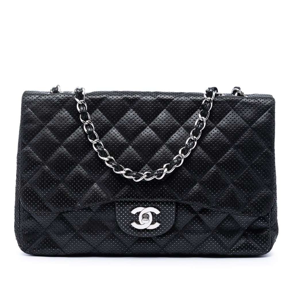 Chanel Jumbo Classic Perforated Lambskin Single Flap Black Leather Very good condition - Front View