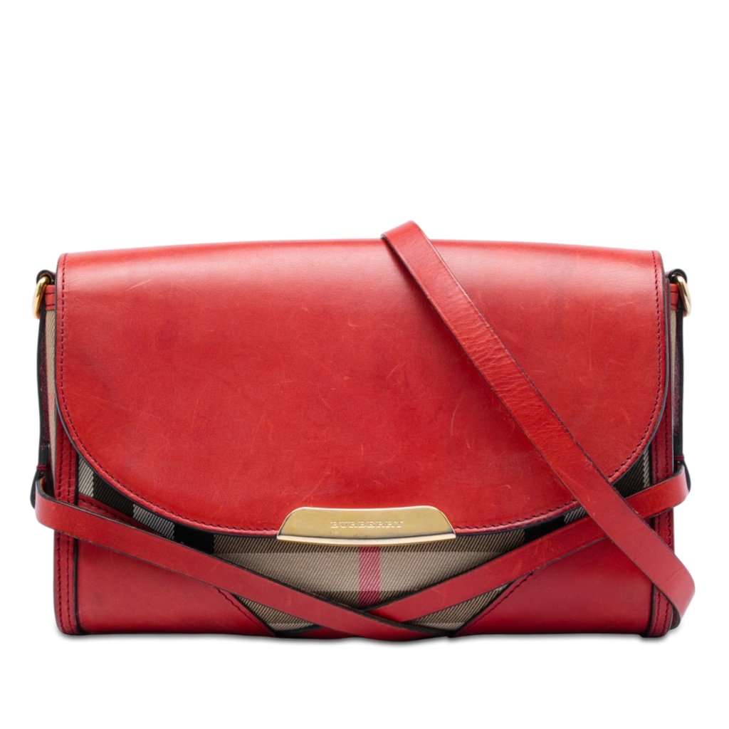 Burberry Leather and House Check Canvas Bridle Abbott Crossbody Red Leather Very good - Front View