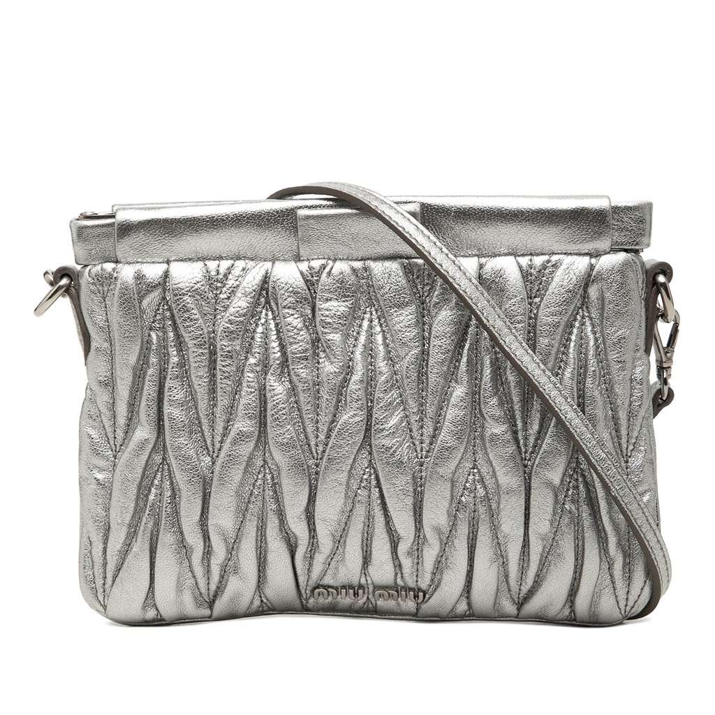 Miu Miu Matelasse Metallic Nappa Frame Clutch with Strap Silver Leather Very good - Front View