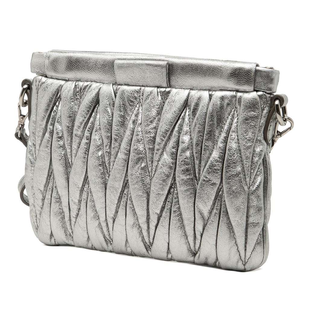 Miu Miu Matelasse Metallic Nappa Frame Clutch with Strap Silver Leather Very good - Back View
