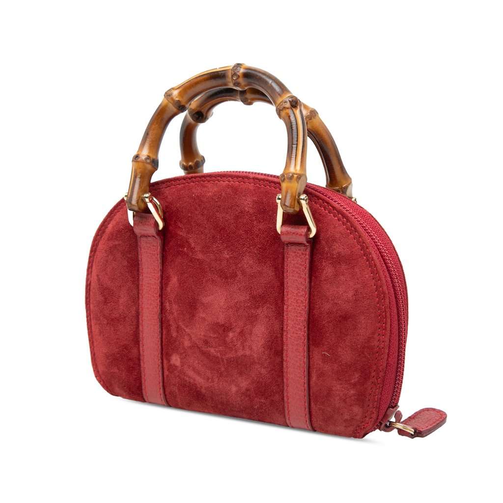 Gucci Mini Suede Bamboo Satchel Red Leather Very good - Back View