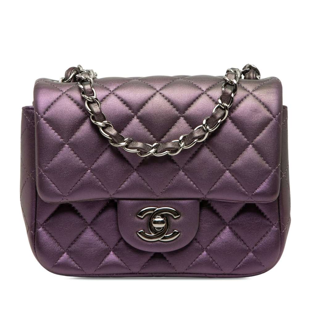 Chanel Mini Square Classic Iridescent Lambskin Single Flap Purple Leather Very good - Front View