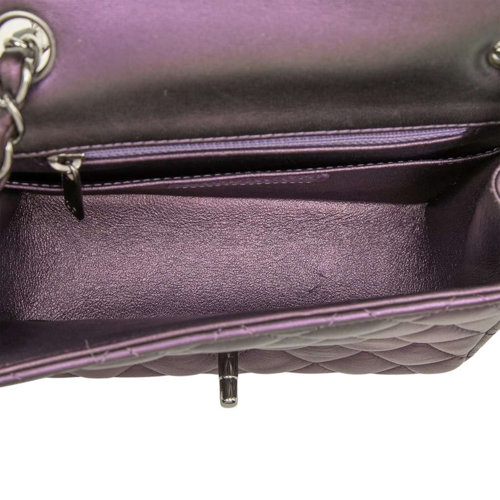 Chanel Mini Square Classic Iridescent Lambskin Single Flap Purple Leather Very good - Model View