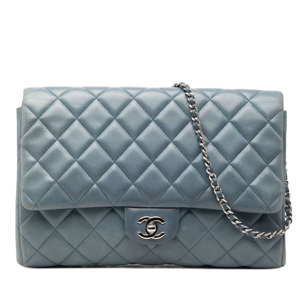 Chanel CC Quilted Lambskin Flap Clutch with Chain Blue Leather Very good - Front View