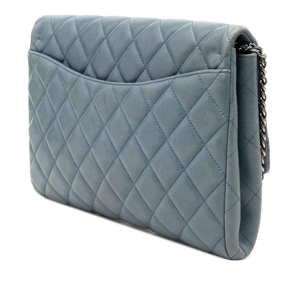Chanel CC Quilted Lambskin Flap Clutch with Chain Blue Leather Very good - Back View