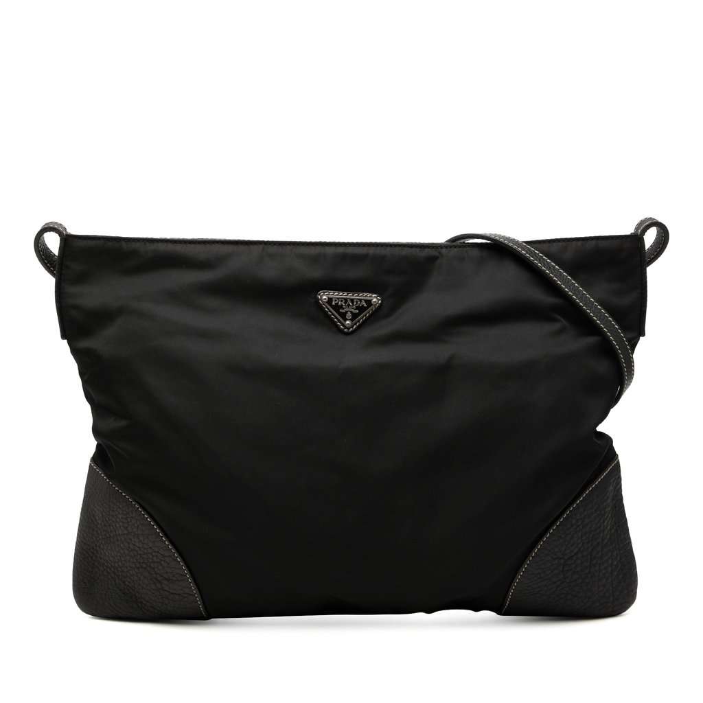 Prada Vitello Daino Trimmed Tessuto Zip Top Crossbody Black Very good condition - Front View