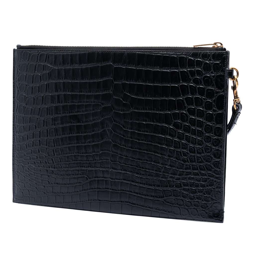 Saint Laurent Croc Embossed Leather Tiny Monogram Zipped Tablet Holder Black Leather Very good condition - Back View