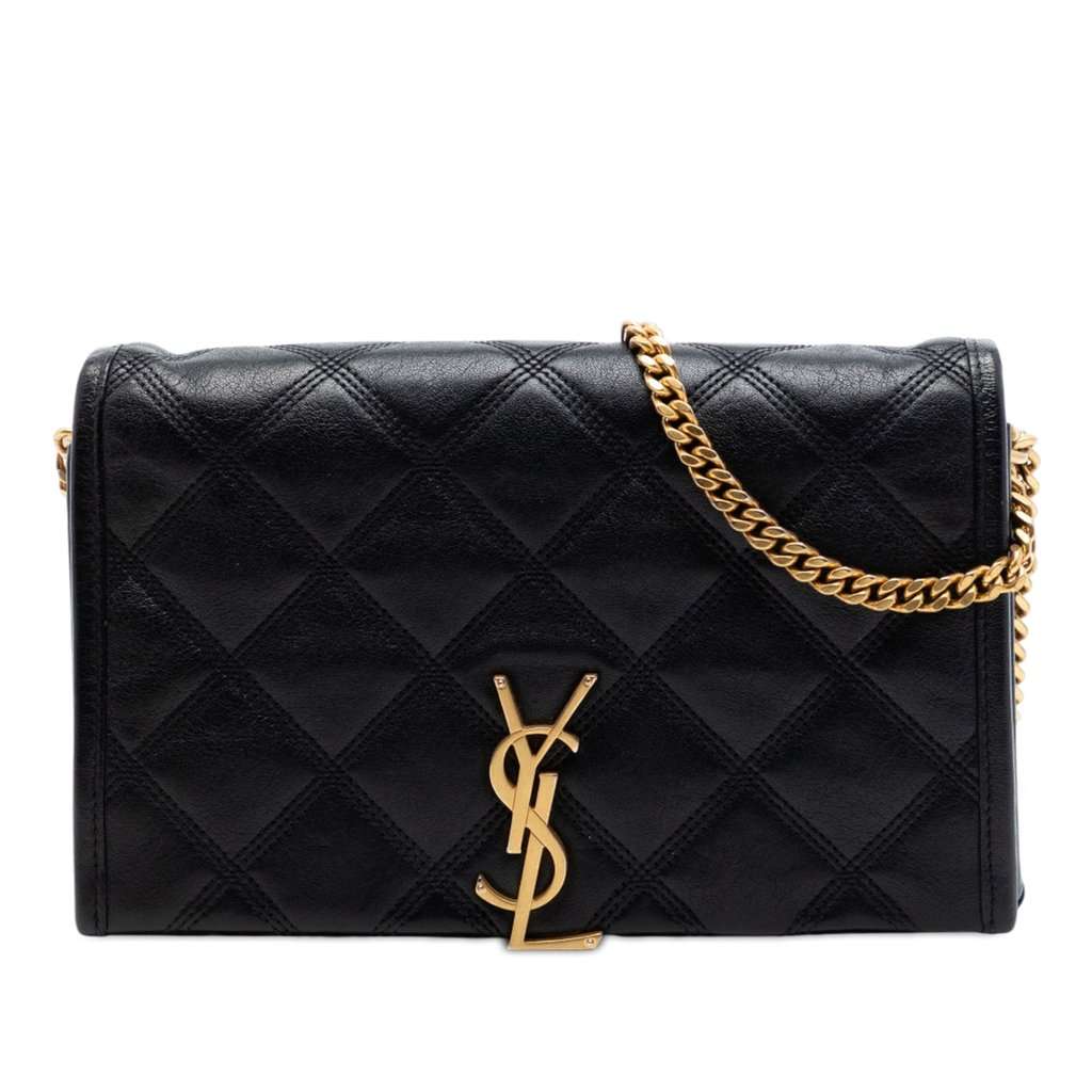 Saint Laurent Quilted Diamond Lambskin Becky Wallet on Chain Black Leather Very good - Front View