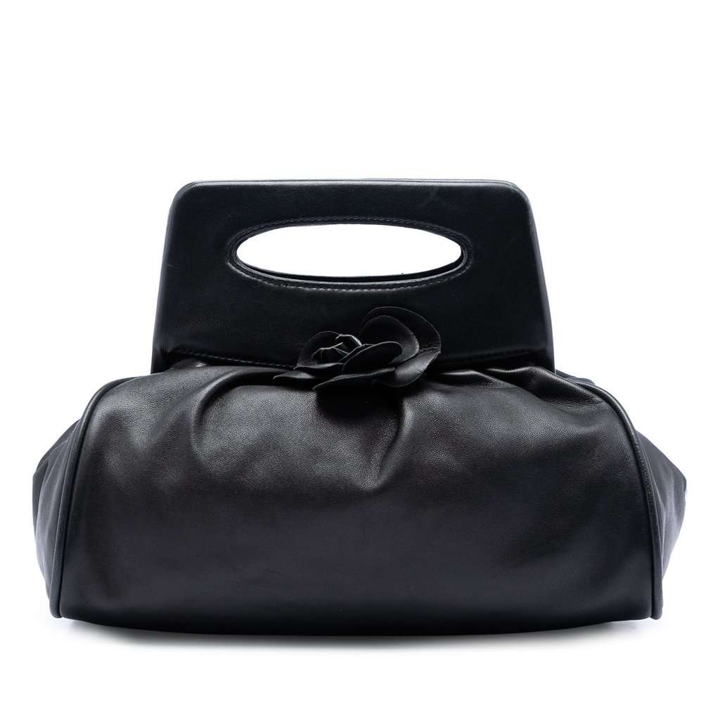 Chanel Lambskin Camellia Top Handle Frame Bag Black Leather Very good - Front View