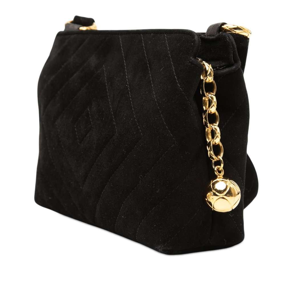 Chanel CC Diamond Quilted Suede Crossbody Black Leather Very good - Back View