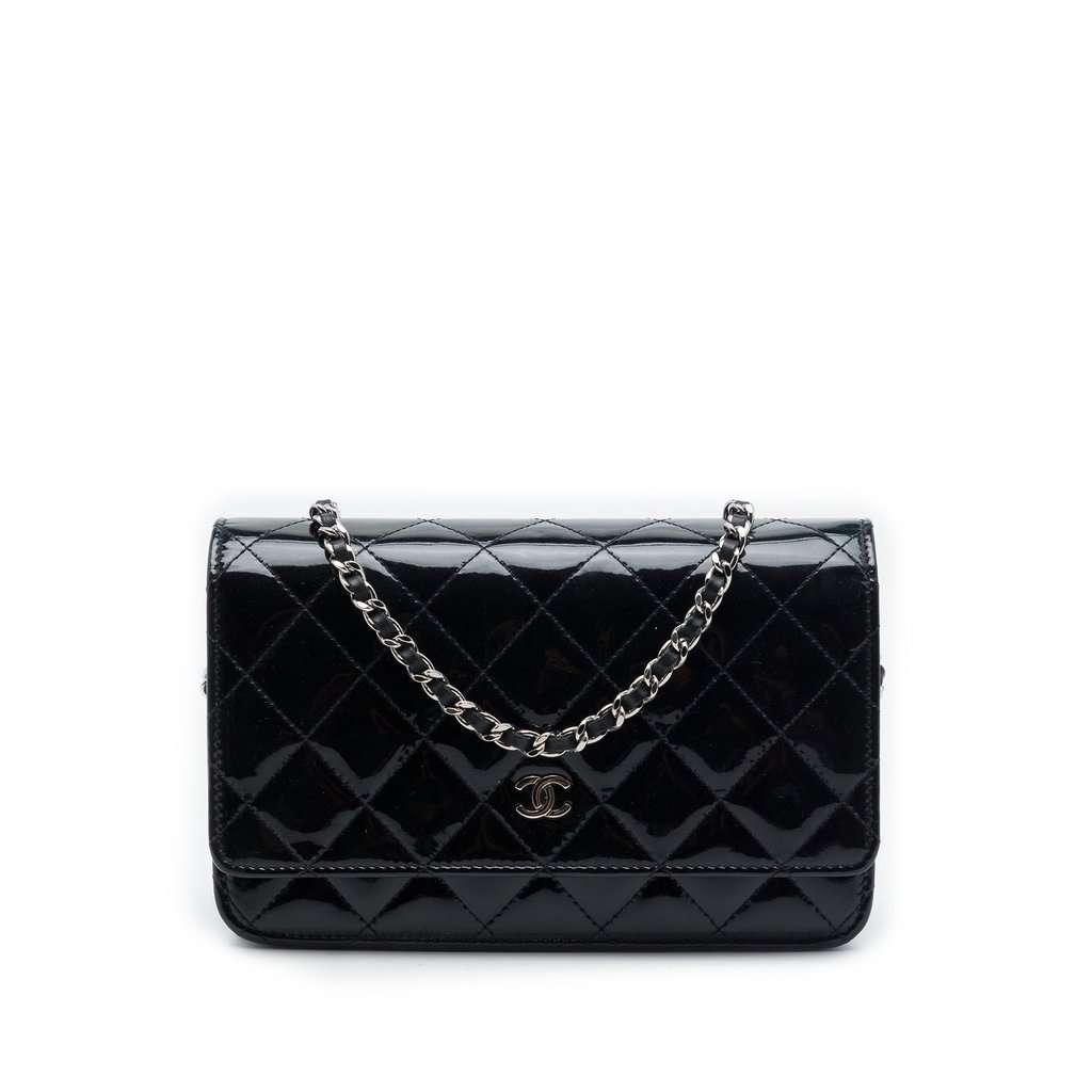 Chanel CC Quilted Patent Wallet On Chain Black Leather Very good - Front View