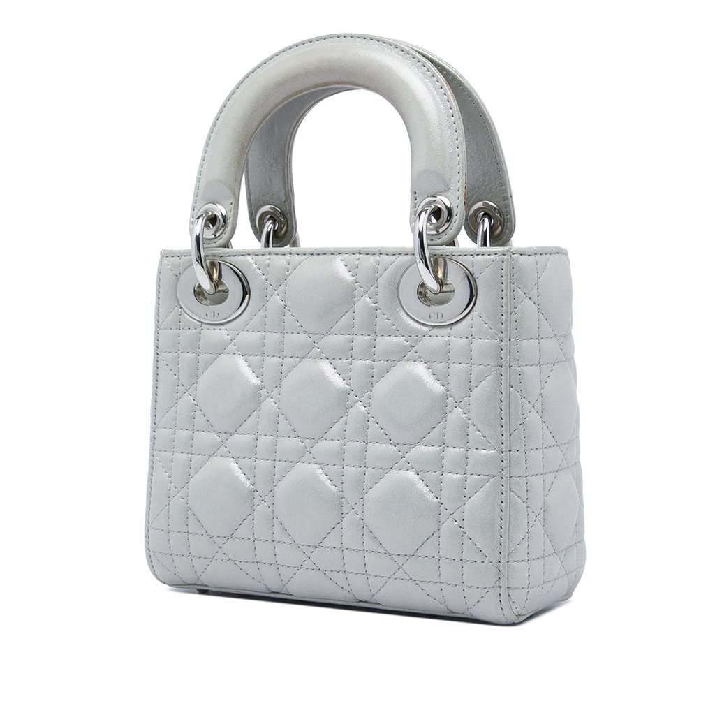 Dior Mini Iridescent Lambskin Cannage Lady Dior Silver Leather Very good condition - Back View