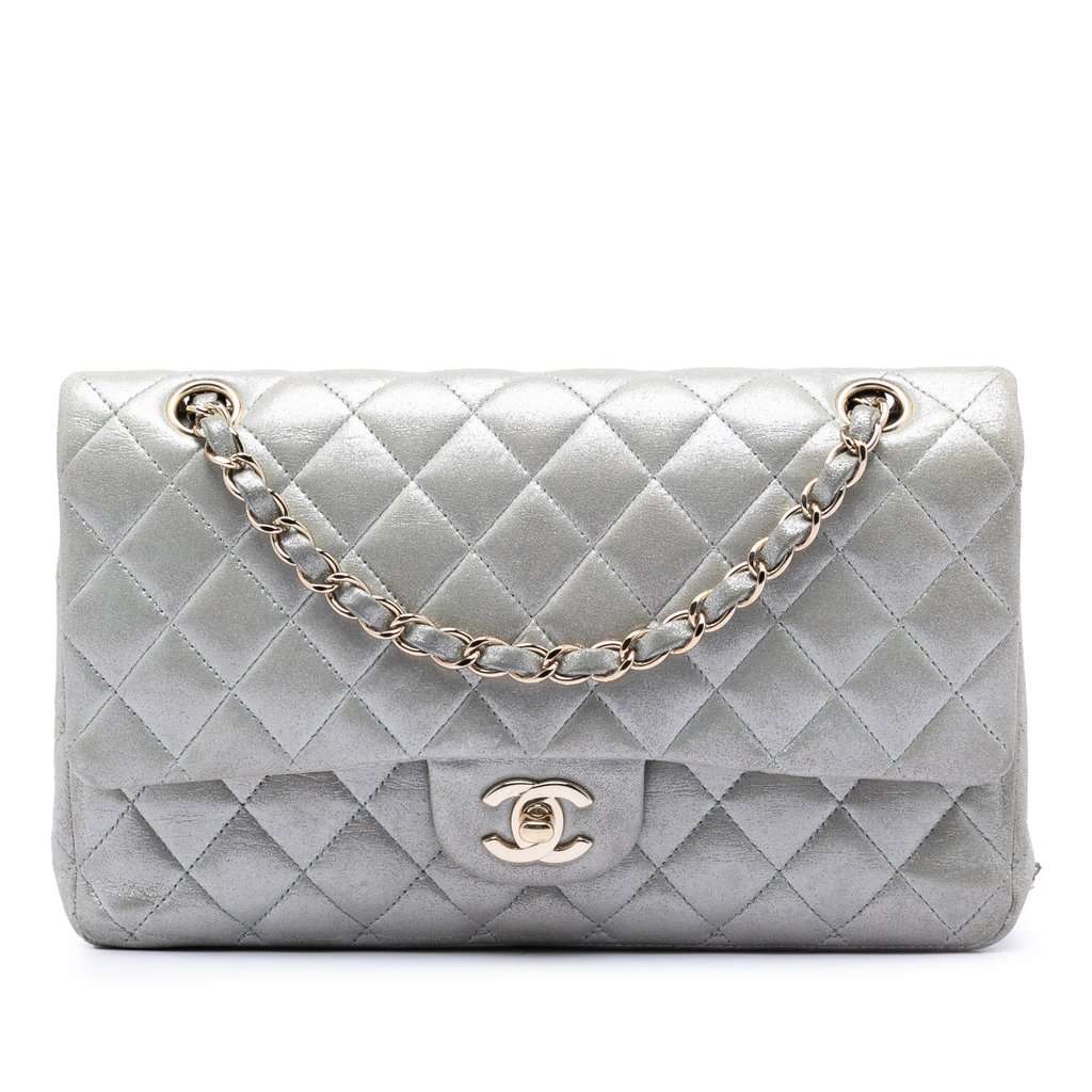 Chanel Medium Classic Iridescent Lambskin Double Flap Silver Leather Very good condition - Front View