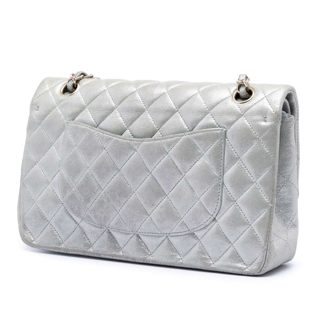 Chanel Medium Classic Iridescent Lambskin Double Flap Silver Leather Very good condition - Back View